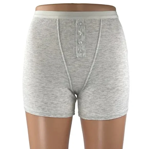 WeWoreWhat Women's Gray Rib Knit High Waist Button Boxer Lounge Sleep Shorts S - Picture 1 of 5